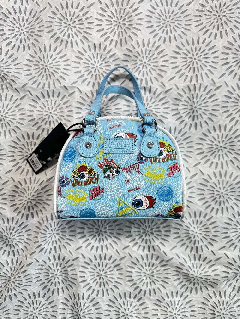 Von Dutch Light Blue Jax Bowling Bag with Graphic Print